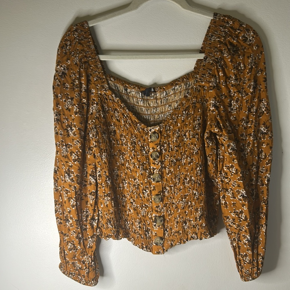 American Eagle cottagecore top size large square neck puffed sleeves boho browns